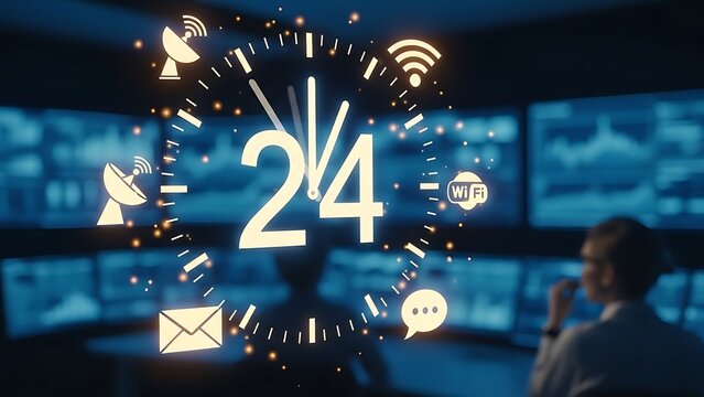 technology and business communication concept with twenty four hour service symbol