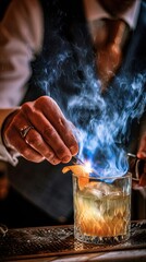 Male bartender in vest flaming orange peel over crystal glass of whiskey with ice on dim bar counter, blue smoke swirling against dark background, concept for luxury cocktail advertising
