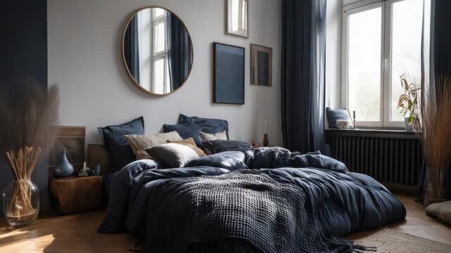 Cozy bedroom with dark blue bedding and natural light streaming through the window