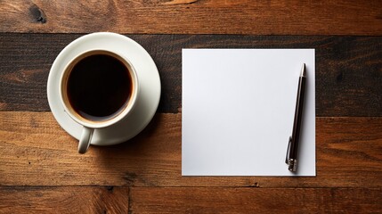 Minimalist workspace scene with a steaming cup of black coffee and a pristine white notepad alongside a sleek writing instrument on a rustic wooden surface.
