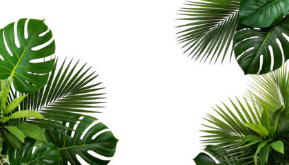  Lush green tropical leaves, including monstera and palm fronds, isolated on a transparent ba.png