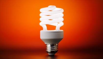 an isolated coiled led bulb glows against a vibrant orange backdrop