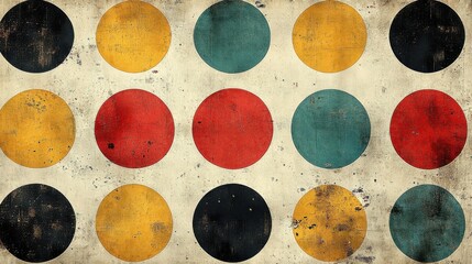 Retro Pattern of Distressed Polka Dots in Yellow Teal Red and Black on Textured Background