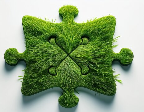 a vibrant green puzzle piece crafted from lush grass stands out against a clean white background - Powered by Adobe