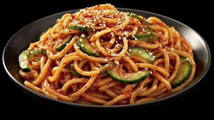 Savory thick wheat noodles tossed in spicy sauce with cucumber slices and sesame seeds presented in a dark bowl
