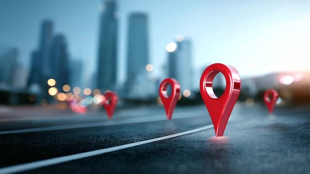 Cityscape road leading toward skyline of towering structures defocused milestone markers background