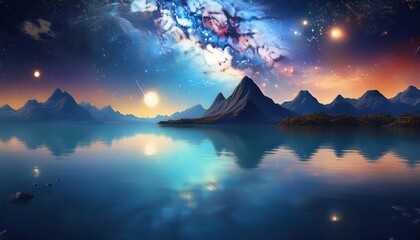 cosmic galaxy lake with starry mountain vista galaxy dreamy