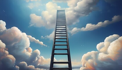 a black ladder ascends into a sky filled with fluffy white and light gray clouds