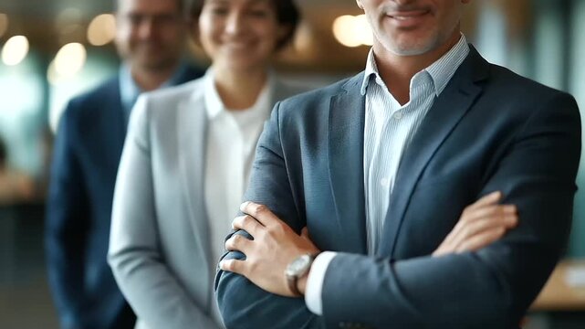 Accomplished corporate professionals standing in office setting faceless business people defocused