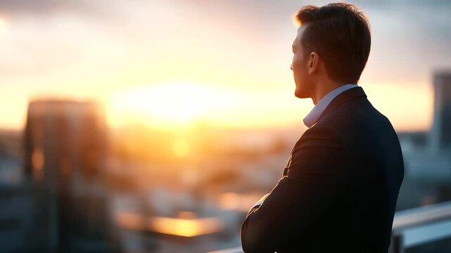 Inspiring sunrise business outlook with accomplished leader on rooftop faceless Asian professional