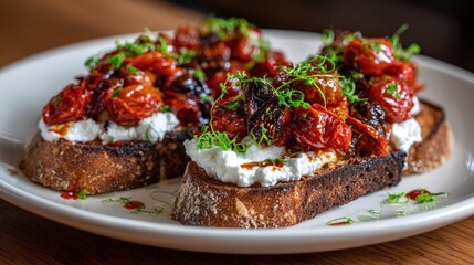 Toasted bread slices topped with creamy cheese and roasted tomatoes served on a white plate