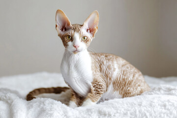 Slim Cornish Rex with large ears poses in a studio on a light background. The curly short coat is clearly visible under bright lighting. Ideal for cat breed searches