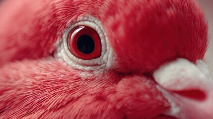 Extreme close up captures the vibrant red plumage and deep iris of a small bird's eye