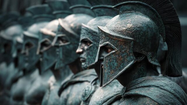 Row of ancient Spartan warriors in full armor, ready for battle