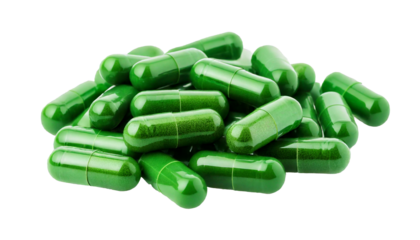 Pile of clear gelatin capsules, filled with green herbal powder, isolated on transparent bac.png