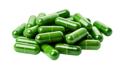 Pile of clear gelatin capsules, filled with green herbal powder, isolated on transparent bac.png