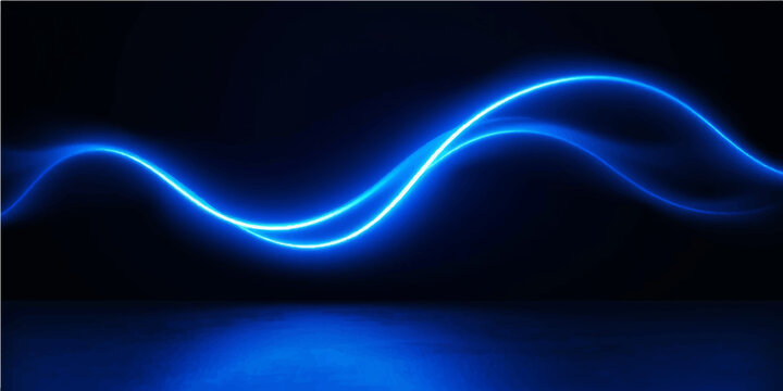 An abstract blue wave design features glowing neon lines and digital light rays moving through a dark space backdrop to create an energetic motion wallpaper
