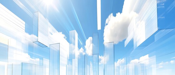 Futuristic transparent structures against sunny blue sky and white clouds high resolution image