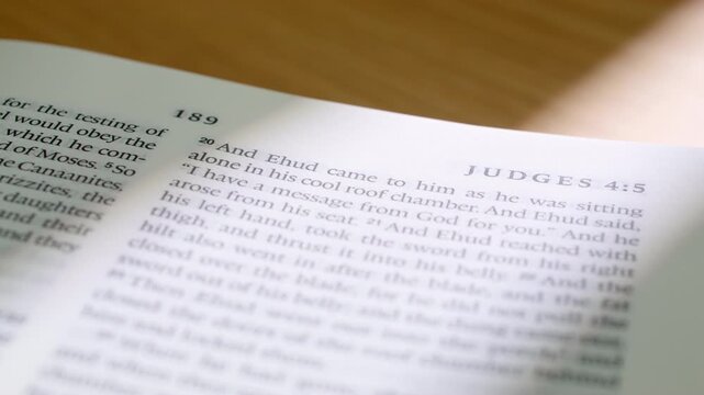 Closeup footage of a modern English Bible with pages turning to the Book of Judges. Sharp printed text, soft lighting, and slow movement ideal for faith, study, worship, and educational projects