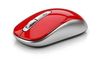 Red and silver wireless computer mouse on white background