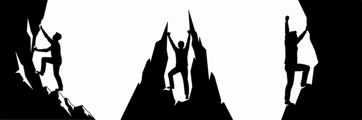 Silhouette Climber Reaching Success on Mountain Peak in Black and White © Hcane