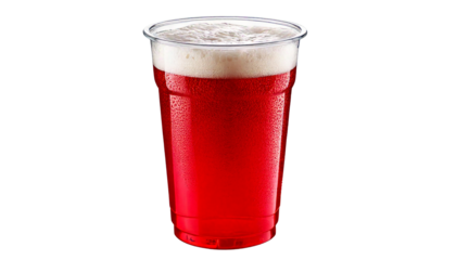 Plastic cup, filled with red beer frothy beverage, isolated on a white or transparent backgr.png