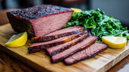 Sliced smoked meat with a dark crust rests beside fresh green vegetables and lemon wedges on a wooden board.