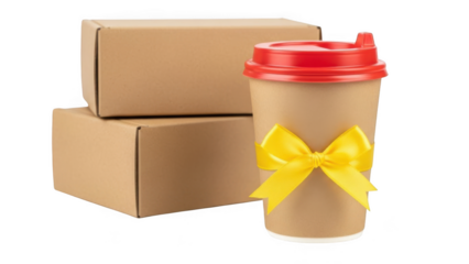 Cardboard coffee cup with red lid and yellow bow next to boxes isolated on transparent background