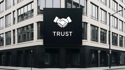 Obraz premium Trust logo with handshake icon on modern office building exterior