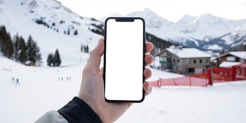 a person holding up a phone with a blank screen in front of a snowy mountain