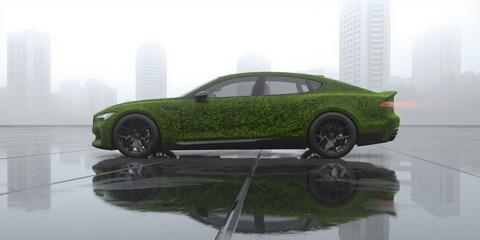 a green car is reflected in a wet city