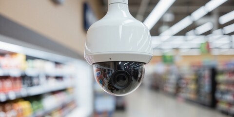 a security camera is hanging from the ceiling in a supermarket