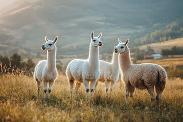 Fototapeta premium Mountain landscape with llamas high resolution picture