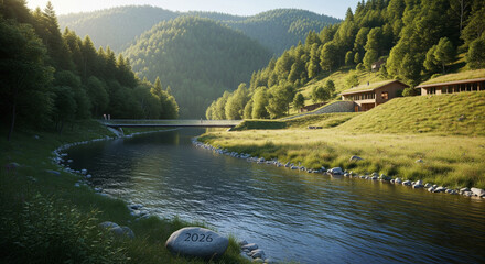 A serene river flows through a lush green valley with a house on the hillside