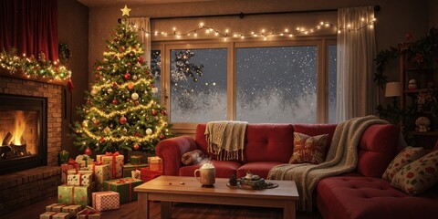 a living room with a christmas tree and presents