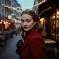 a woman in a red coat holding a rose