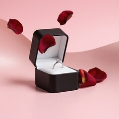 an engagement ring in a black box on a pink background
