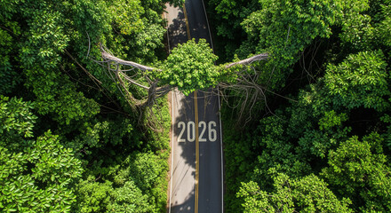 Aerial view of a road cutting through a lush green forest with a fallen tree and the year 2026 marked on it