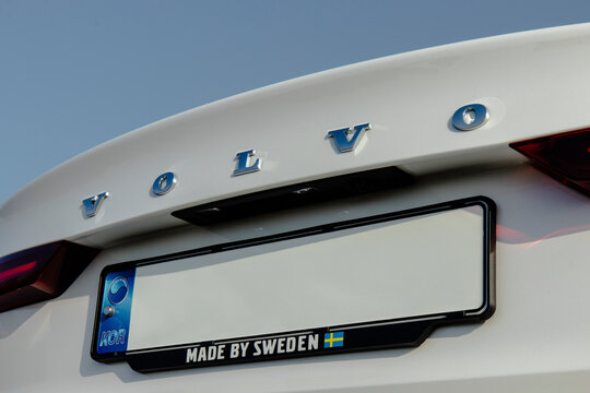 December 18, 2021, Seoul, South Korea - A close-up of the rear trunk of a white Volvo S60 car, showing the brand logo and a license plate holder with the text 'Made by Sweden'.