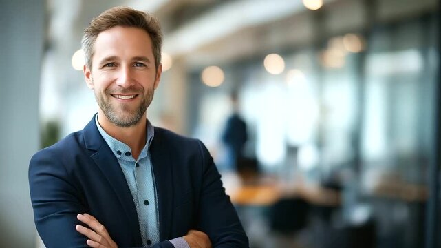 confident corporate professional portrait faceless handsome businessman defocused office background