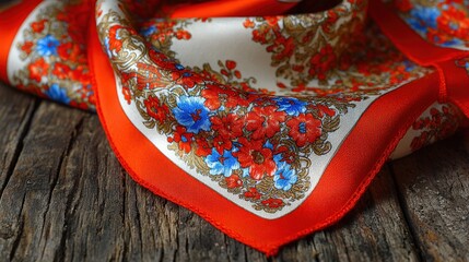 Vibrant silk head covering with traditional floral patterns rests upon aged wooden surface