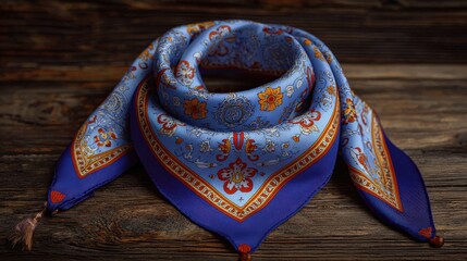 Ornate silk neckerchief with traditional patterns rests upon rustic wooden planks