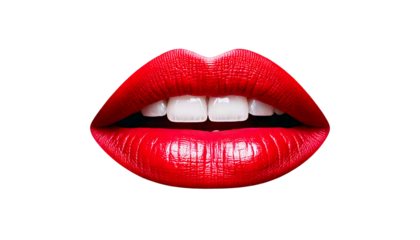  Red lipstick lips, with white teeth glossy mouth face, isolated on a white or transparent ba 