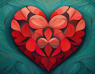 geometric red heart pattern on vivid teal