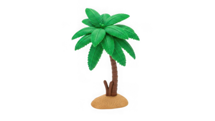 Small green plastic palm tree on sandy island isolated on transparent background