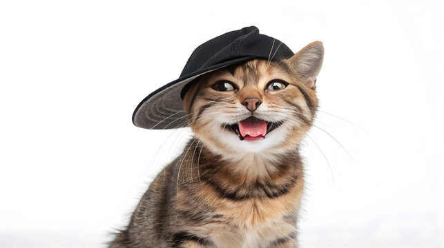 Funny cat wearing black cap on white background for pet fashion ads, meme content, youth branding, social media posts, humor designs, cool animal portraits