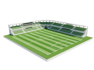 A soccer stadium with green seating and a field isolated on transparent background for sports branding, web, app, and social media graphics