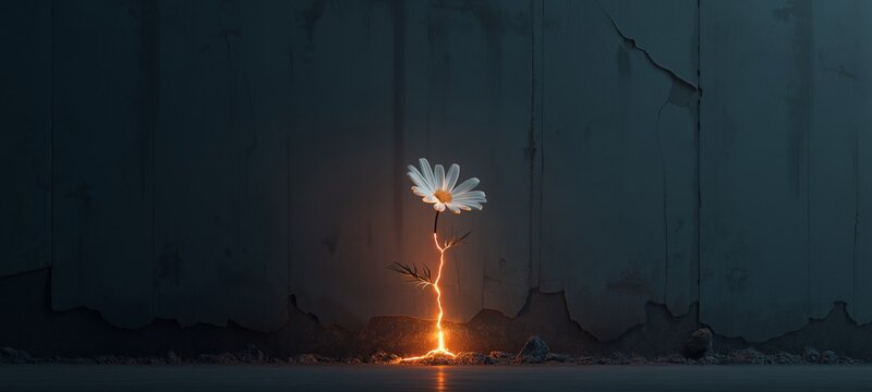 Surreal conceptual art of a white daisy flower with a glowing, lightning-like stem growing resiliently out of a dark cracked surface.