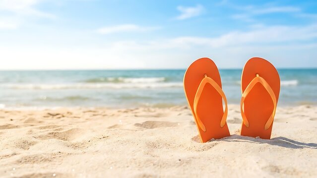 Orange Flip Flops on Sandy Beach Near Ocean Waves