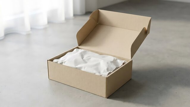 Open cardboard box with white paper inside on a floor